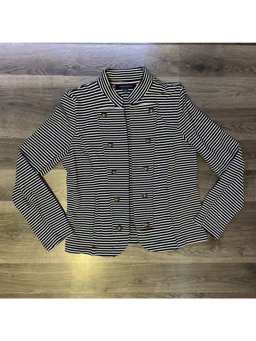 Tommy Hilfiger Nautical Striped Knit Blazer Jacket Gold Buttons Small Preppy